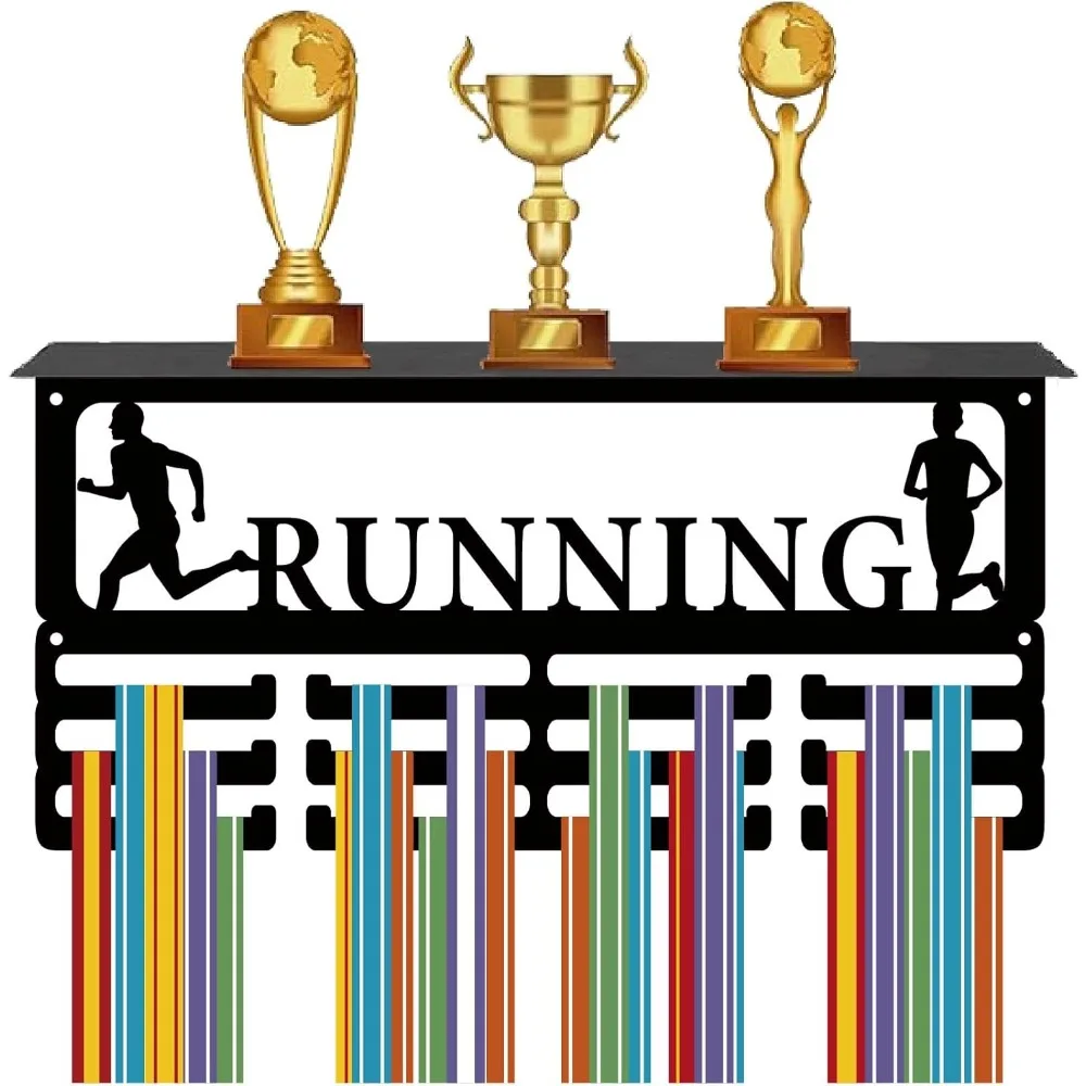 

Вешалка для беговых медалей, полка для трофеев, держатель для медалей с полкой, спортивная 4-рядная металлическая подвесная настенная установка, вмещает 70+ медалей