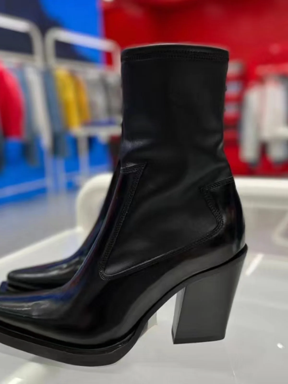 

Leather Pointed Toe Women's Boots Autumn Winter New England Sle Boots High Heel Elastic Boot Slim Thi Heel Boots