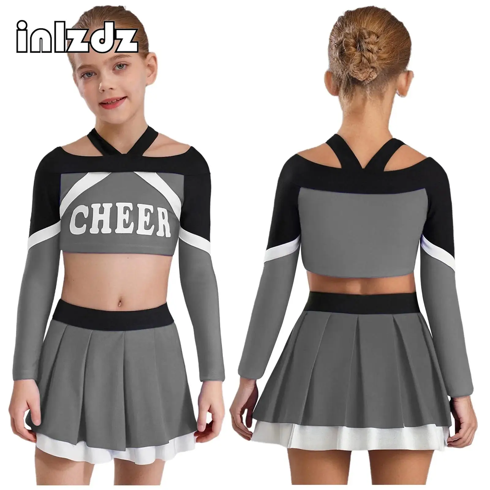 

Girls Cheerleader Costume Outfit Set Cheerleading Performance Set Long Sleeve Crop Top+Pleated Skirt Outfit for Halloween Party
