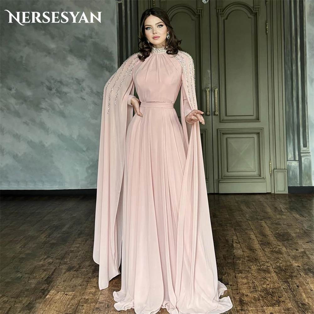 

Nersesyan Glitter Dubai Formal Evening Dresses A-Line Pleats Beading Cap Sleeves Prom Dress فساتين للمناسبات الرسمية Party Gowns