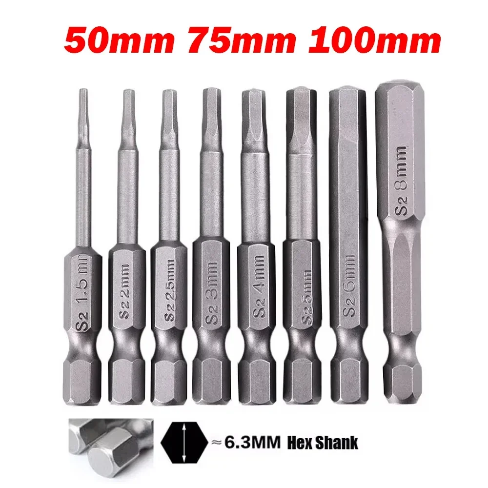 1Pcs 50/75/100mm Hex Screwdriver Bits 1/4 Inch Hex Shank Magnetic Screw Drivers Hexagon Head Allen Wrench Drill Bits H1.5-H8