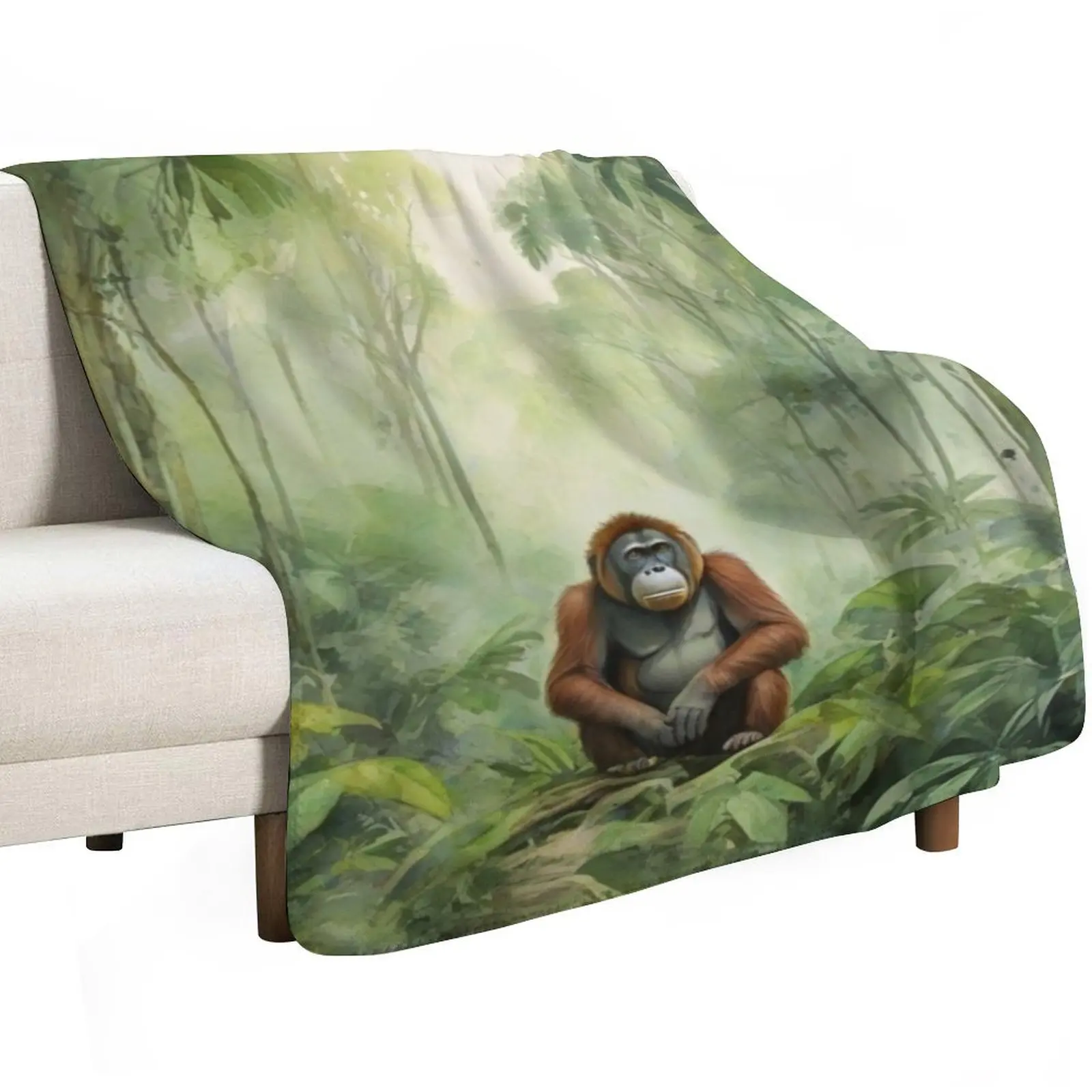 orangutan in Green forest_watercolour Throw Blanket Flannels Flannel Fabric cosplay anime Soft Big For Baby Travel Blankets