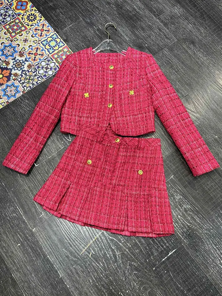 Fashion Rose Red Suit Women 2023 Autumn O-Neck Gold Button Long Sleeve Short Coat+High Waist A-Line Pleated Skirt Two-Piece Set