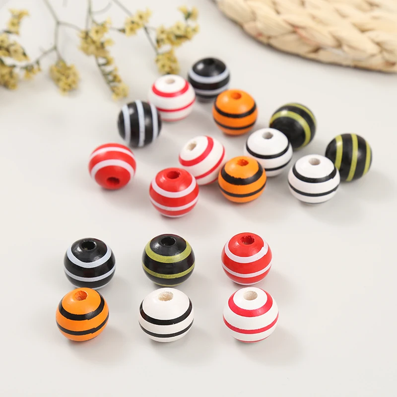 12Pcs16mm Colored Striped Round Wooden Beads DIY Wooden Mini Beads Party Home Decoration Children's Fun Hand Beading Toys Gift