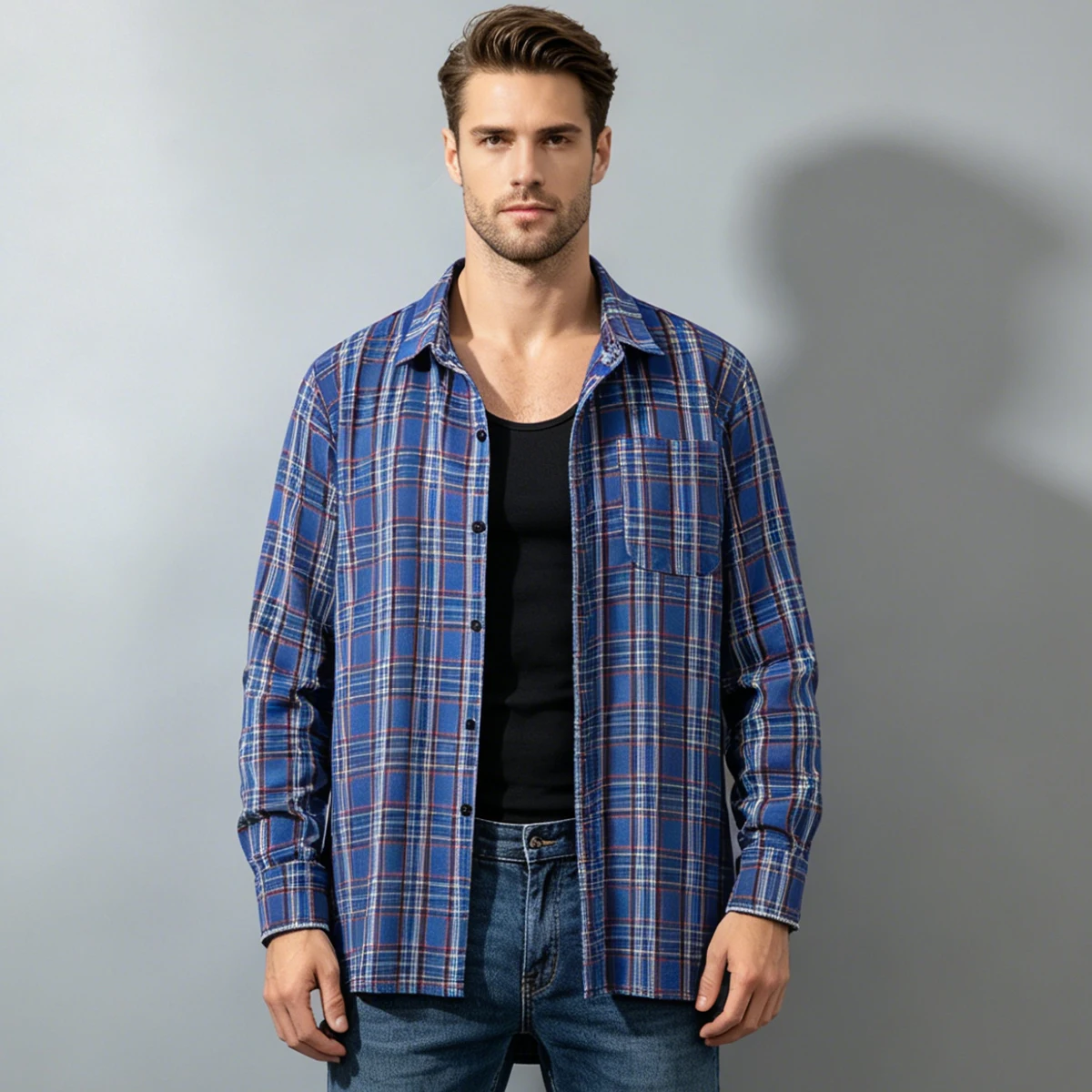 Spring and Autumn Men's Checkered Long Sleeve Top Button T-shirt Shirt Fashion Classic Shirt Youth Casual Comfortable Fashion view 5