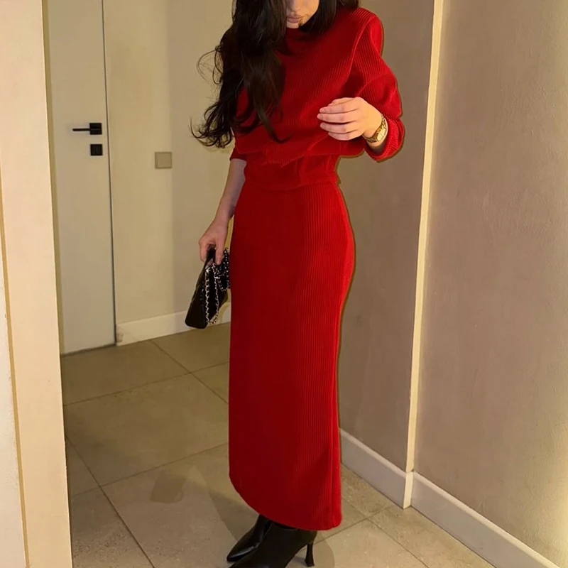 Women Ribbed Matching Set Round Neck Long Sleeve Slim Fit Top High Waist Bodycon Midi Skirt Outfit Commuter Ladies 2 Piece Set