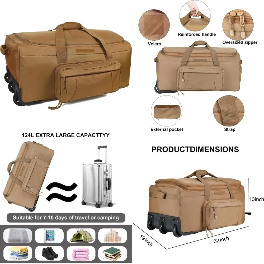 

Большая сверхмощная тактическая спортивная сумка для развертывания на колесиках в стиле милитари, кемпинга и пеших прогулок — коричневый цвет, предметы для приключений на открытом воздухе