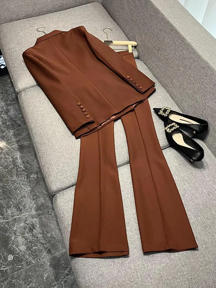 Celana Setelan Dua Potong Briti Sle Kasual Warna Mauve Sensasi Desain Faion Wanita Set Setelan Kaki Lebar A803