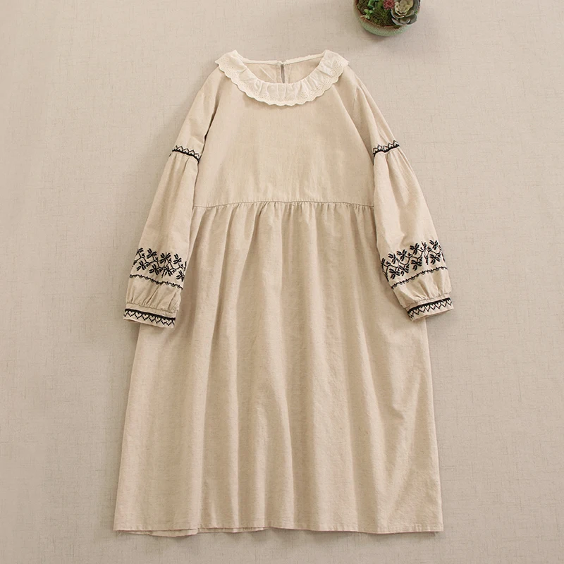 

Japanese Sweet Mori Girl Ruffled Collar Embroidery Cotton Linen Dress Women Spring Autumn Long Sleeve Casual Loose Midi Dresses