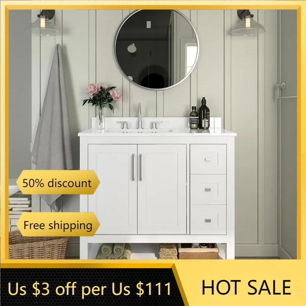 

36 Inch Bathroom Vanity, Single Sink Cabinet with 2 Soft Close Doors, Open Shelf and 3 Drawers, Carrara Marble Finish Countertop