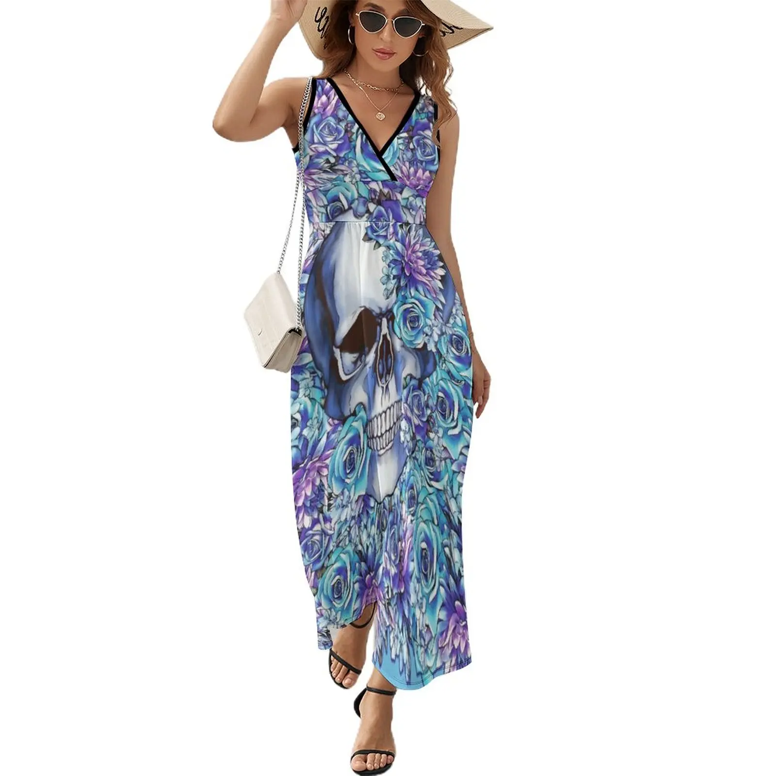 Human anatomy Skull blue watercolor floral Sleeveless Dress womens clothing loose summer dress