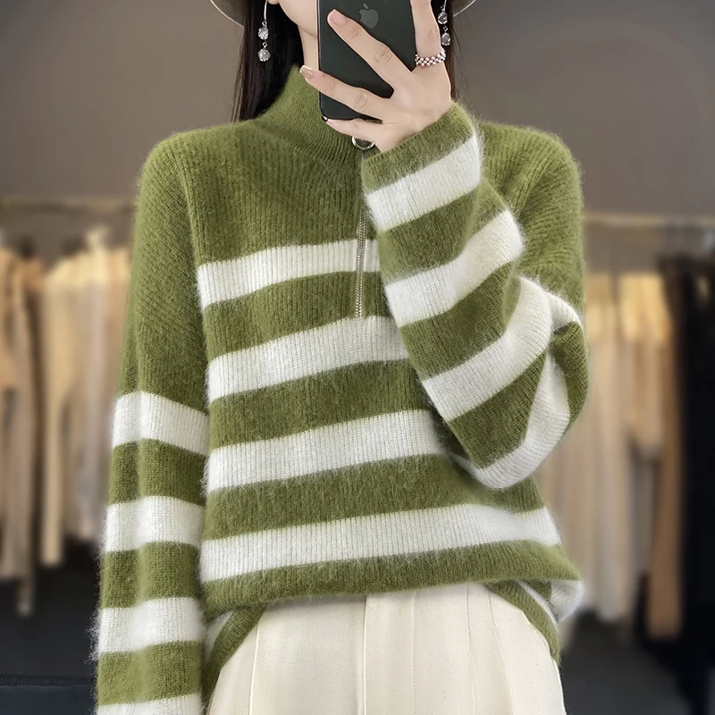 2023 Autumn Winter New Mink Fleece Sweater Women's Half High Collar Long Sleeve Pullover Loose Solid Color Zipper Style Knitwear