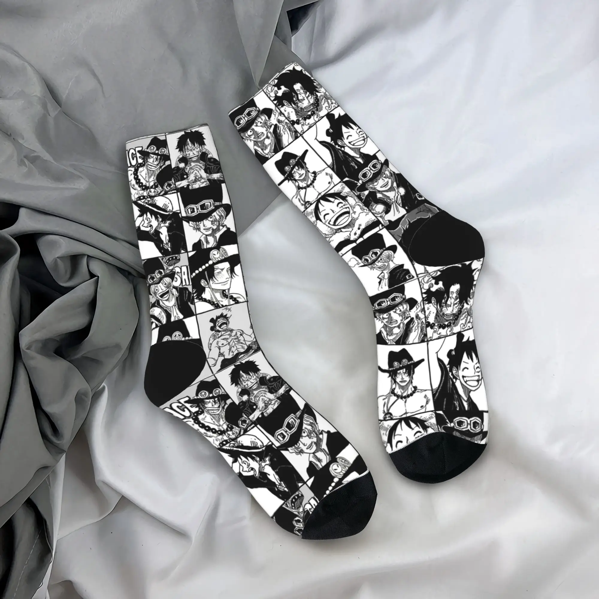

Funny Luffy Ace Sabo Ones Pieces Manga Skateboard Socks Polyester Long Socks for Unisex Sweat Absorbing