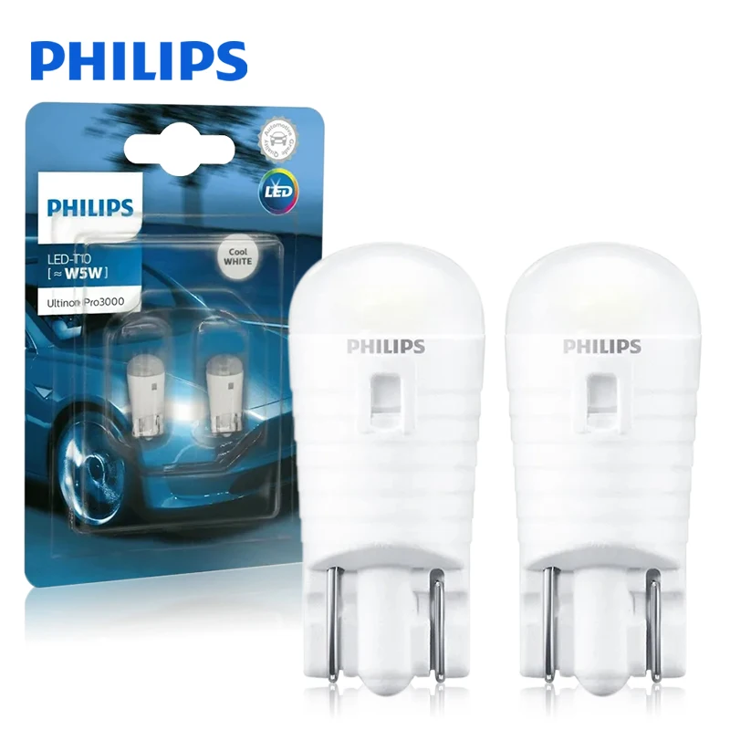 Philips LED T10 W5W Ultinon Pro3000 6000K White Turn Signal Lamps Car Interior Light Number Plate Door Bulbs 11961U30CWB2, 2pcs