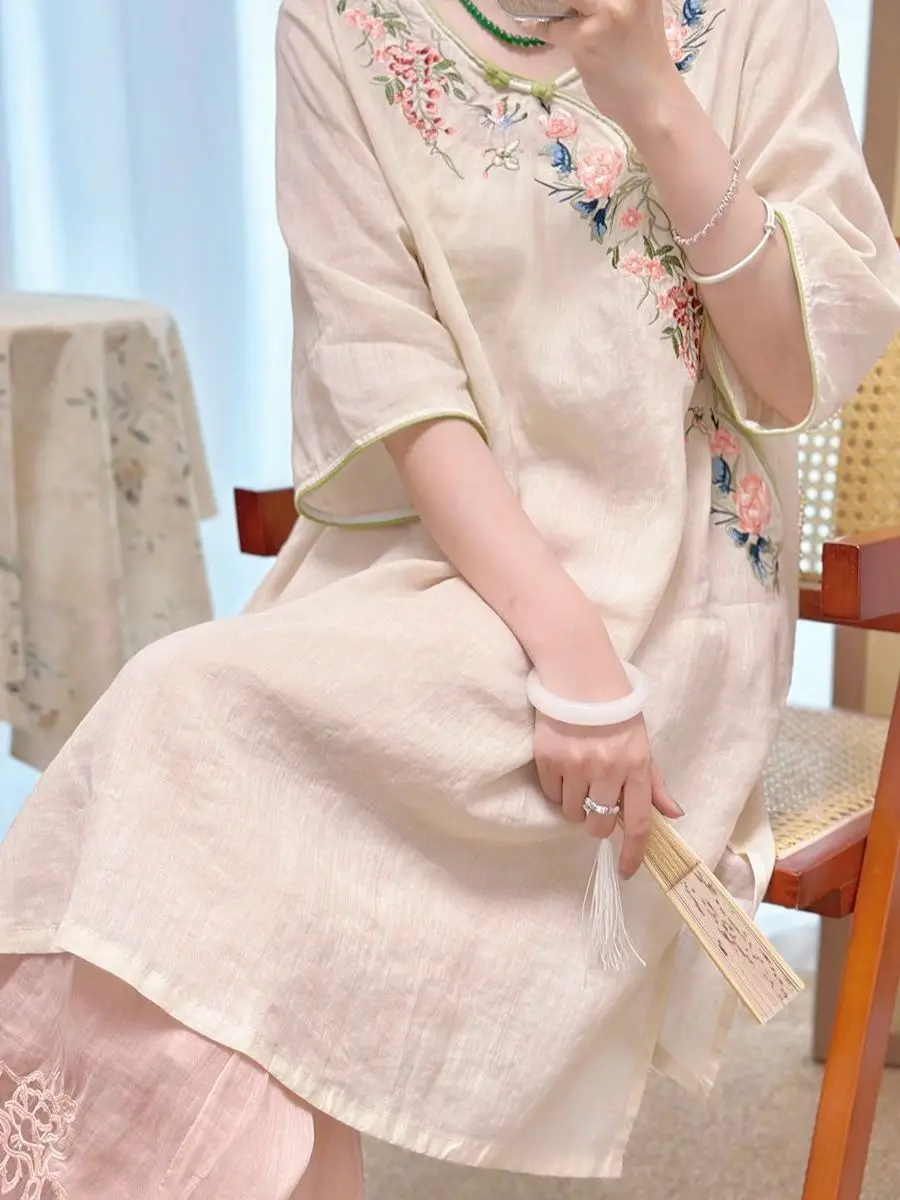 

Новая китайская женская вышитая шелковая блузка с длинным рукавом, повседневная, дышащая, летняя, для чайной церемонии