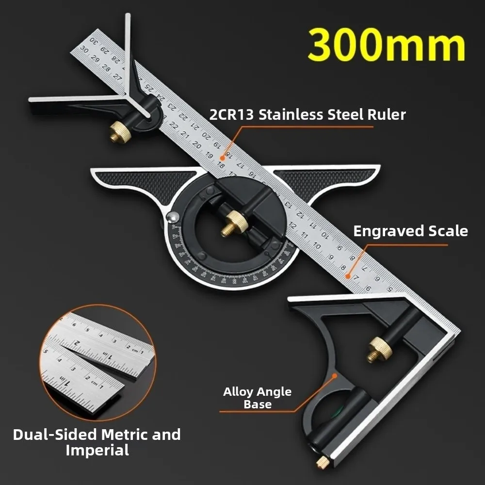 3-in-1 Combination Square Ruler Spirit Level 300mm Engineer Measuring Tool Protractor Movable Measuring Adjustable Square Ruler