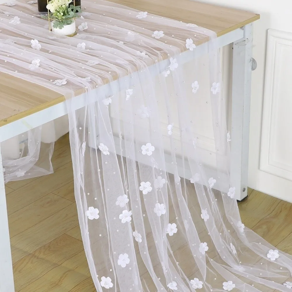 Elegant Flower Pearl Tablecloth Romantic Pearl Embellishments Tulle Fabric Tablecloth Decorative Semi-Transparent Table Runner
