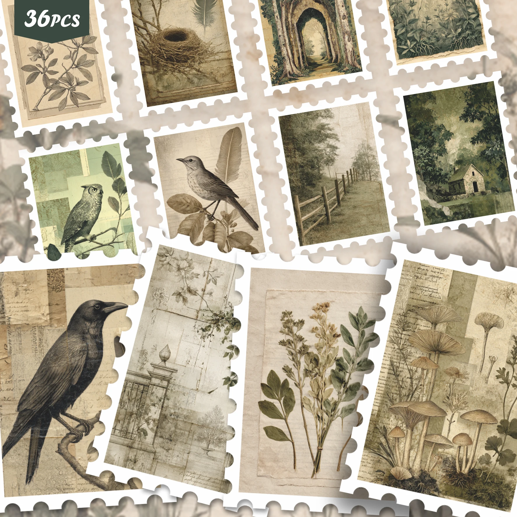 36PCS Vintage Green Cottagecore Nature Stickers, Retro Botanical & Nature Aesthetic Cutout Sticker Set for Journals, Scrapbook,
