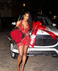 Seductive Red Halter Beaded Rhinestones Prom Dresses 2024 Black Girls Crystal Sheer Mesh African Mini Cocktail Dress Customized