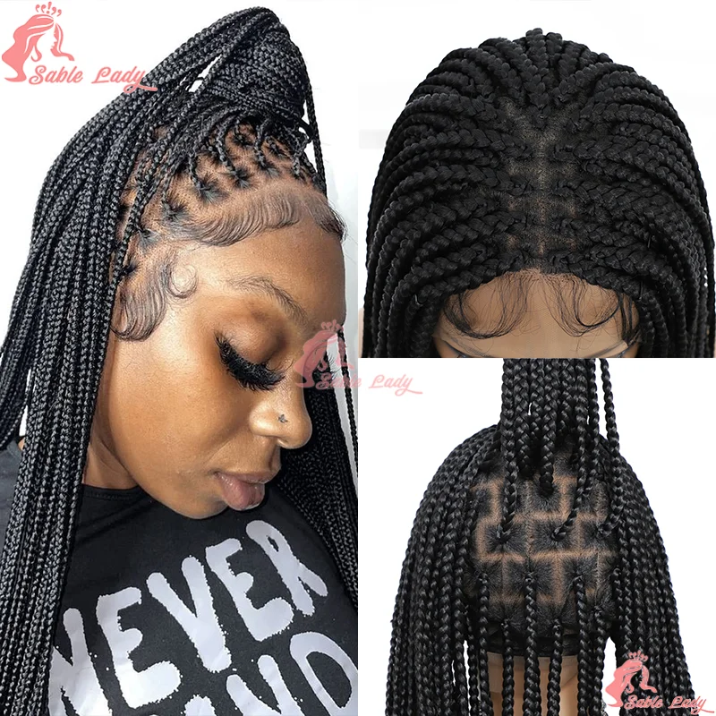 36 "كورنو شعر مستعار مضفر الاصطناعية كامل الدانتيل الباروكات الأمامية للنساء Knotless صندوق تجديل شعر مستعار مع شعر الطفل