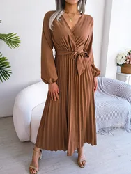 Elegant Lace Up Pleated Long Dress Women Cross V-Neck Long Sleeve High Waist Slim Swing Maxi Dresses Simple Solid Party Vestido