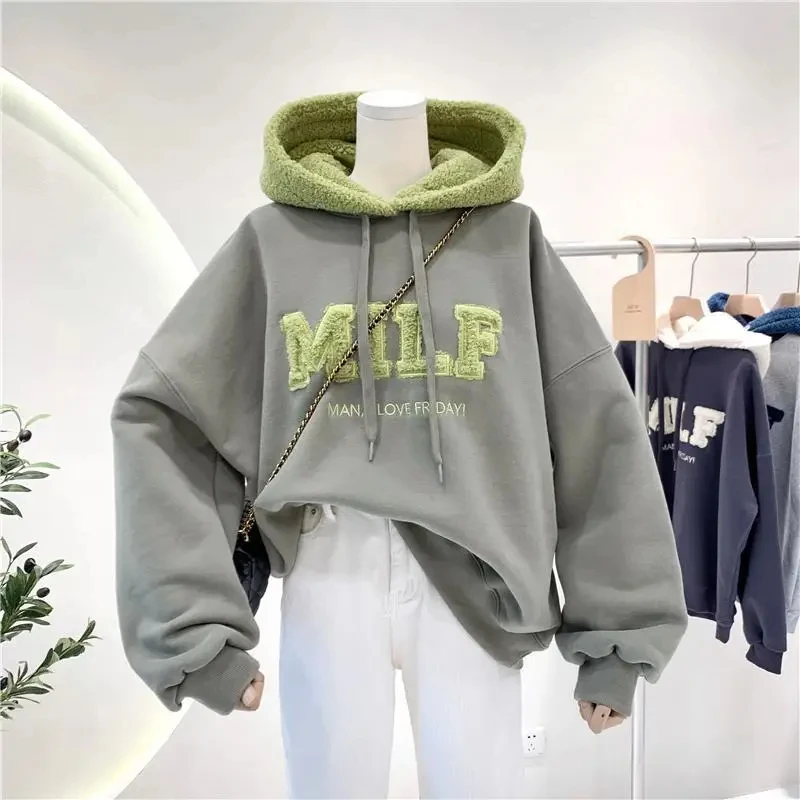 Hoodies Women Sweatshirts Letter MILF Print Harajuku Fleece Pullovers Jacket Full Sleeve Casual Hip Hop Winter Jacket Coats Tops