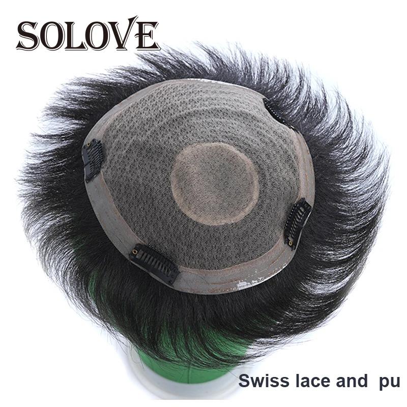 Solove Men\'s Capillary Prothesis 6Inch Men Hair Toupee Machine Made Wigs Man 100% Indian Human Hair Replacement System