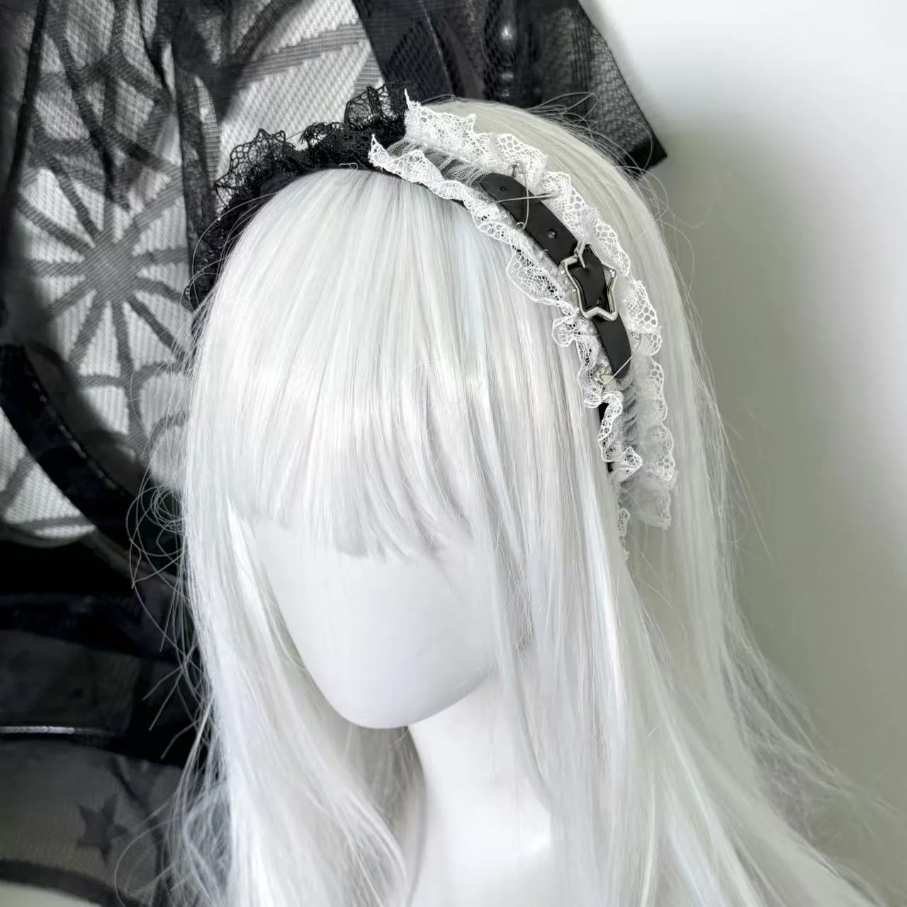 Lolita Punk Gothic Handmade  Heart-shaped Leather Buckle Pin Lace Ruffle Headband Hair Hoop Subculture Y2K Hair Accessories