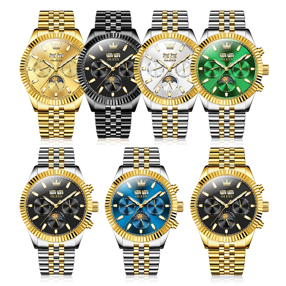 OLEVS 6688 ساعة ميكانيكية للرجال تقويم مزدوج مقاوم للماء مضيئة متعددة الوظائف مرحلة القمر ساعة للرجل ساعة من الفولاذ المقاوم للصدأ #6