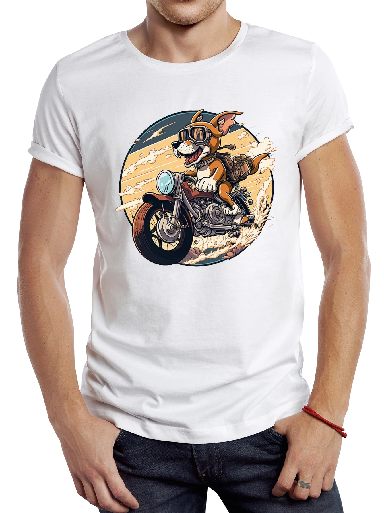 

FPACE Vintage Cute Dog Riding A Motorcycle Men T Shirt Casual Cool Rider Male Tops Hipster Retro Animal Motor Rider Printed Tee
