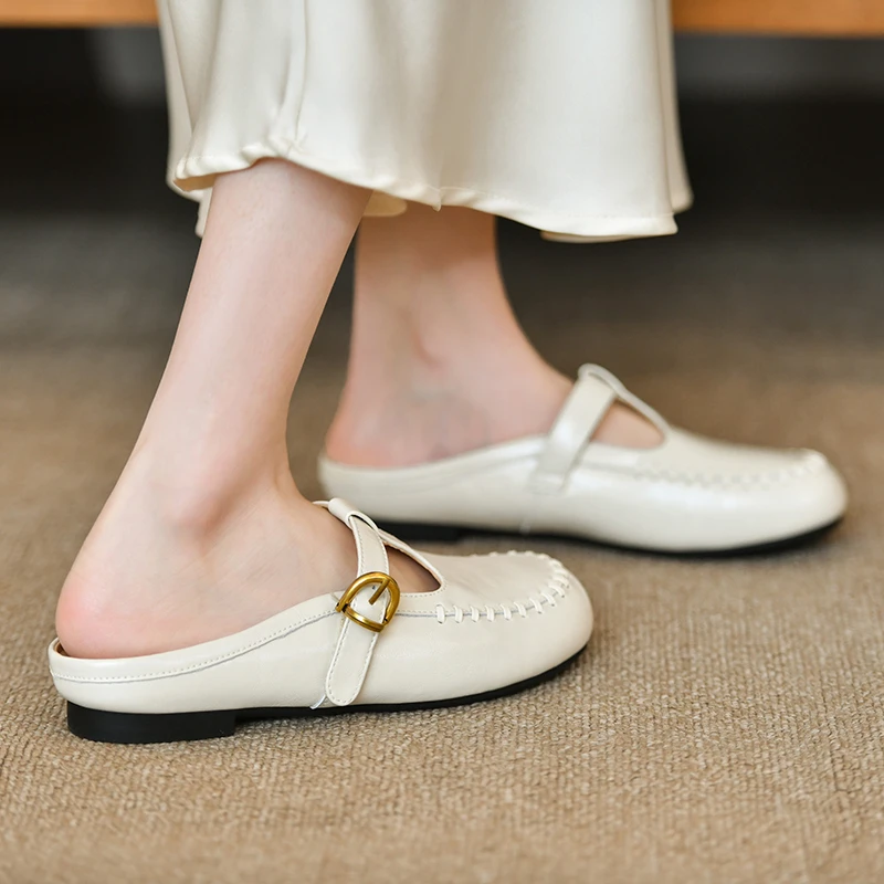 Fashion Sewing Flat Slippers Summer Pull on Women Mules Belt Buckle Ladies Slides Shoes Outdoor Casual Round Toe Moccasins New view 4
