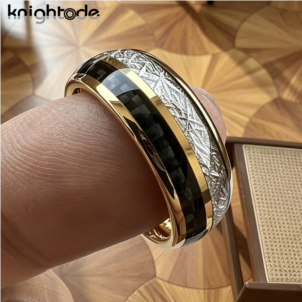 8mm Men\'s Tungsten Carbide Wedding Band White Meteorite/Black Carbon Fiber Valentine Engagement Ring Dome Polished Comfort Fit