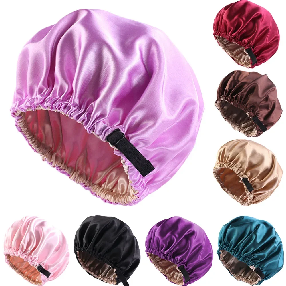 Wholesale Silky Satin Bonnet Hair Cap Double Layer Sleep Night Cap with Invisible Flat Adjusting Button Head Cover Bonnet Hat