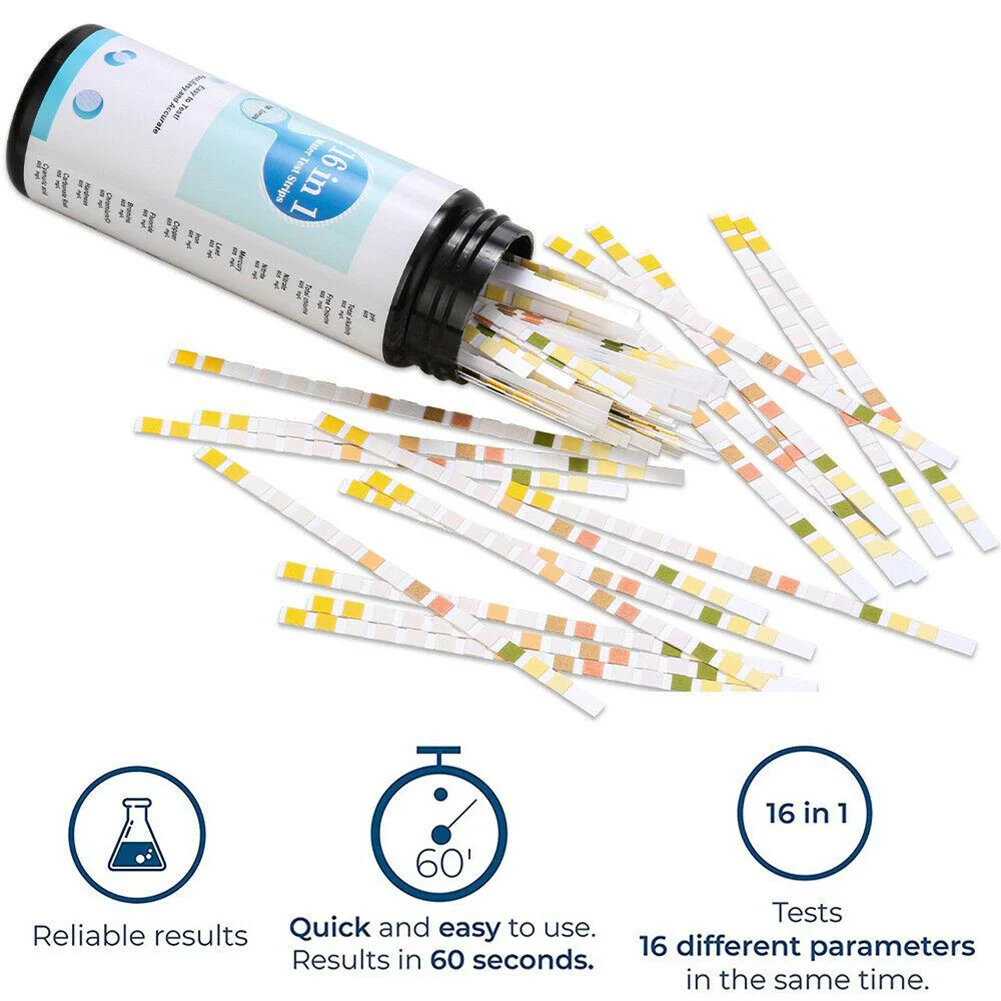 Strip tes air 16-in-1, 50/100 buah dengan strip uji untuk air minum, kolam renang dan bak mandi panas strip uji kualitas air