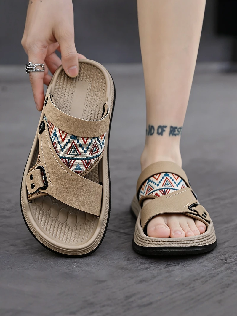 Men's Summer Anti-Slip Wear-Resistant Casual Driving Two-Use Woven Sandals Outdoor Sports Beachside Slip-On Shoes