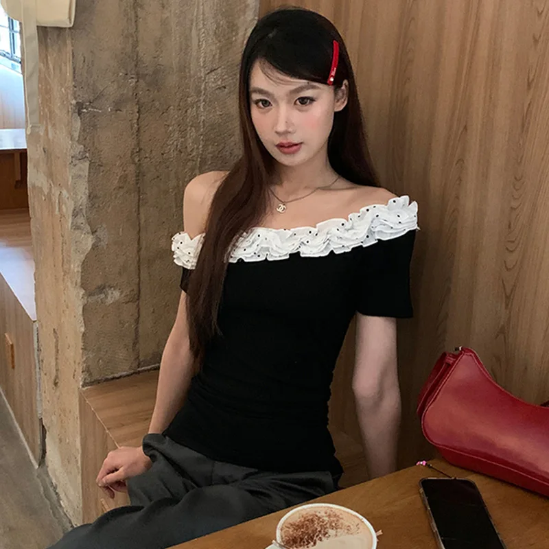 Y2k Off Schouder Korte Mouw T-shirt Vrouwen Slim Fit Amerikaanse Hot Girl Sexy Vintage T-shirt Koreaanse Fashion Casual Veelzijdige Tops