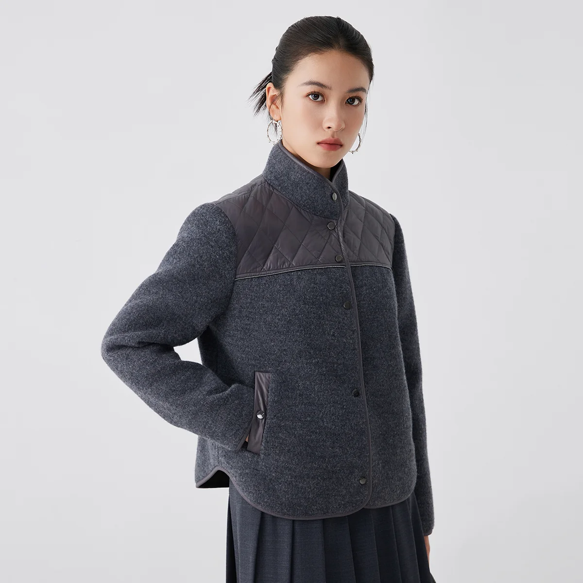 K2699X High End Womens Wool Blend Quilted Panel Jacket Soft Structured Fit Elegant Luxury Outerwear