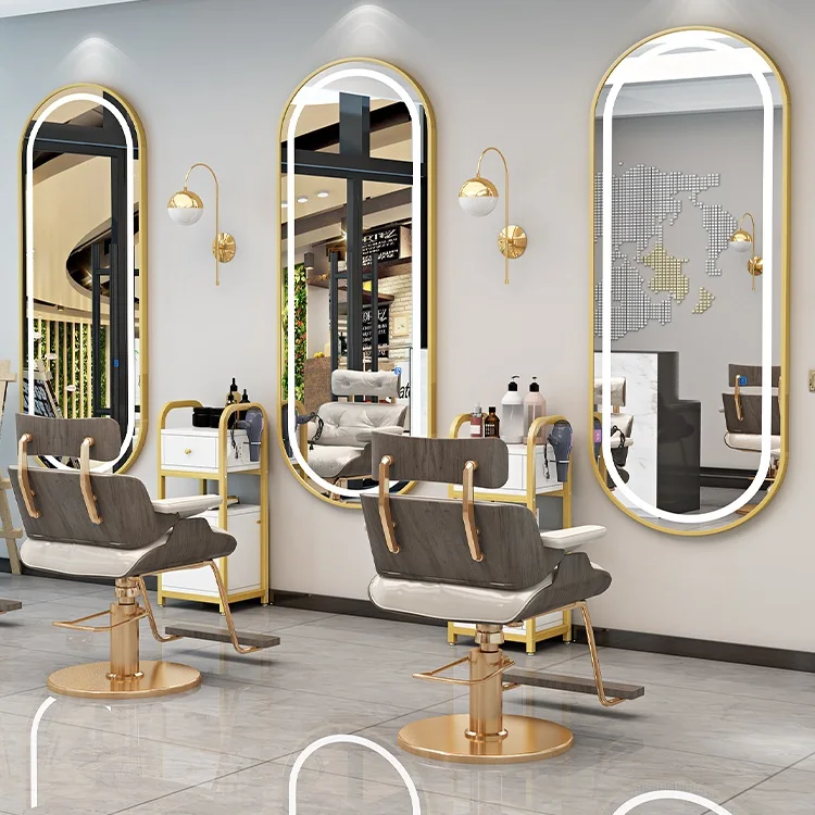 

Barber shop mirror hair salon special LED with light wall mounted simple European style hair cutting mirror salon mirror