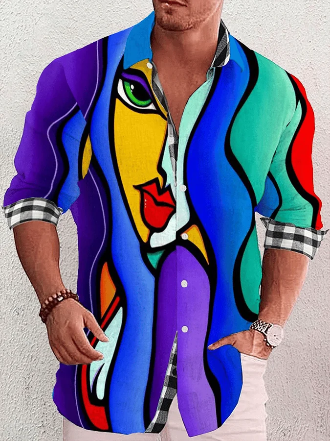 2024 New Men's 3D Art Painting Fashion Print Single Breasted Long Sleeve Shirt Casual Shirt Men's Loose Lapel Long Sleeve