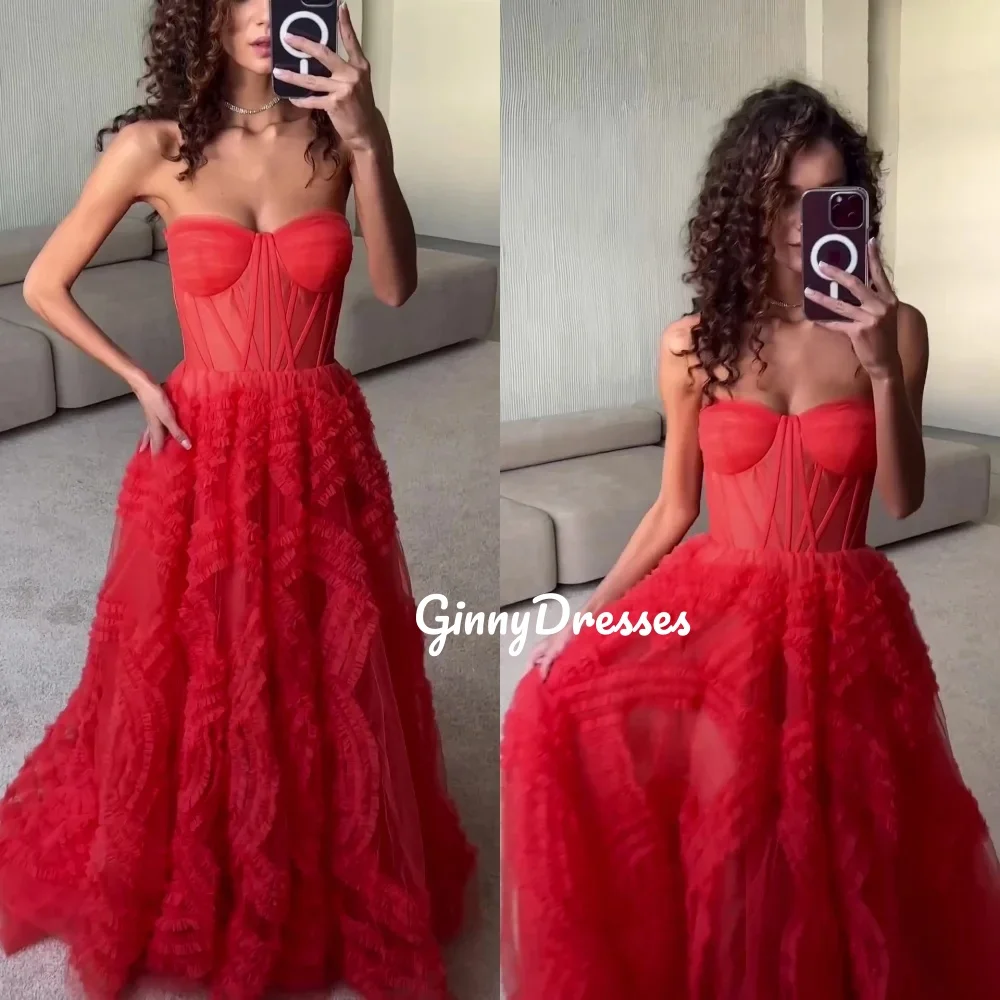 

Customized Evening Dress A-Line Strapless Prom Dresses Floor-Length Zipper Up Tulle Sleeveless Lining Party Dresses Vestidos De