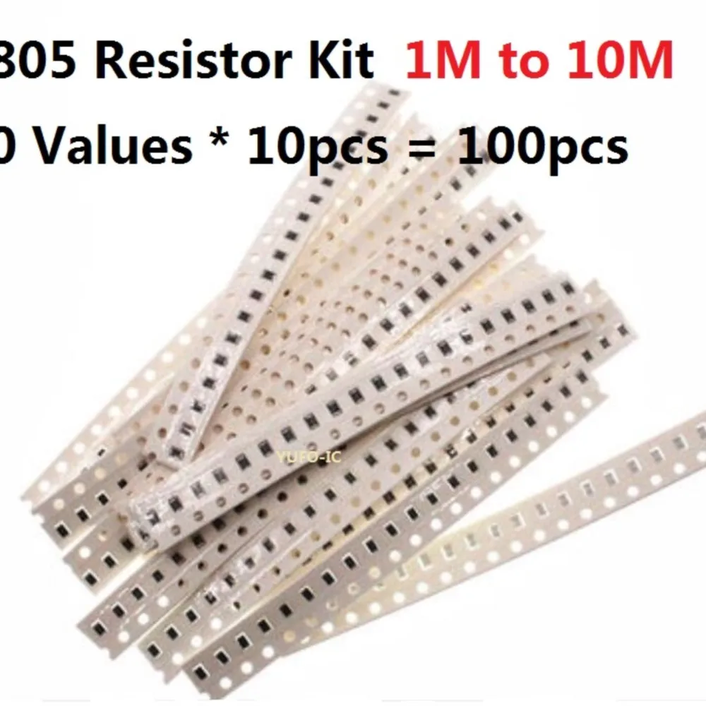10 Values * 10pcs=100pcs SMD 0805 Resistor Kit 1m- 10M 5% Resistance Assorted Kit Set  1.2M 1.5M 2M 2.2M 3M 3.3M 4.7M Chips Pack