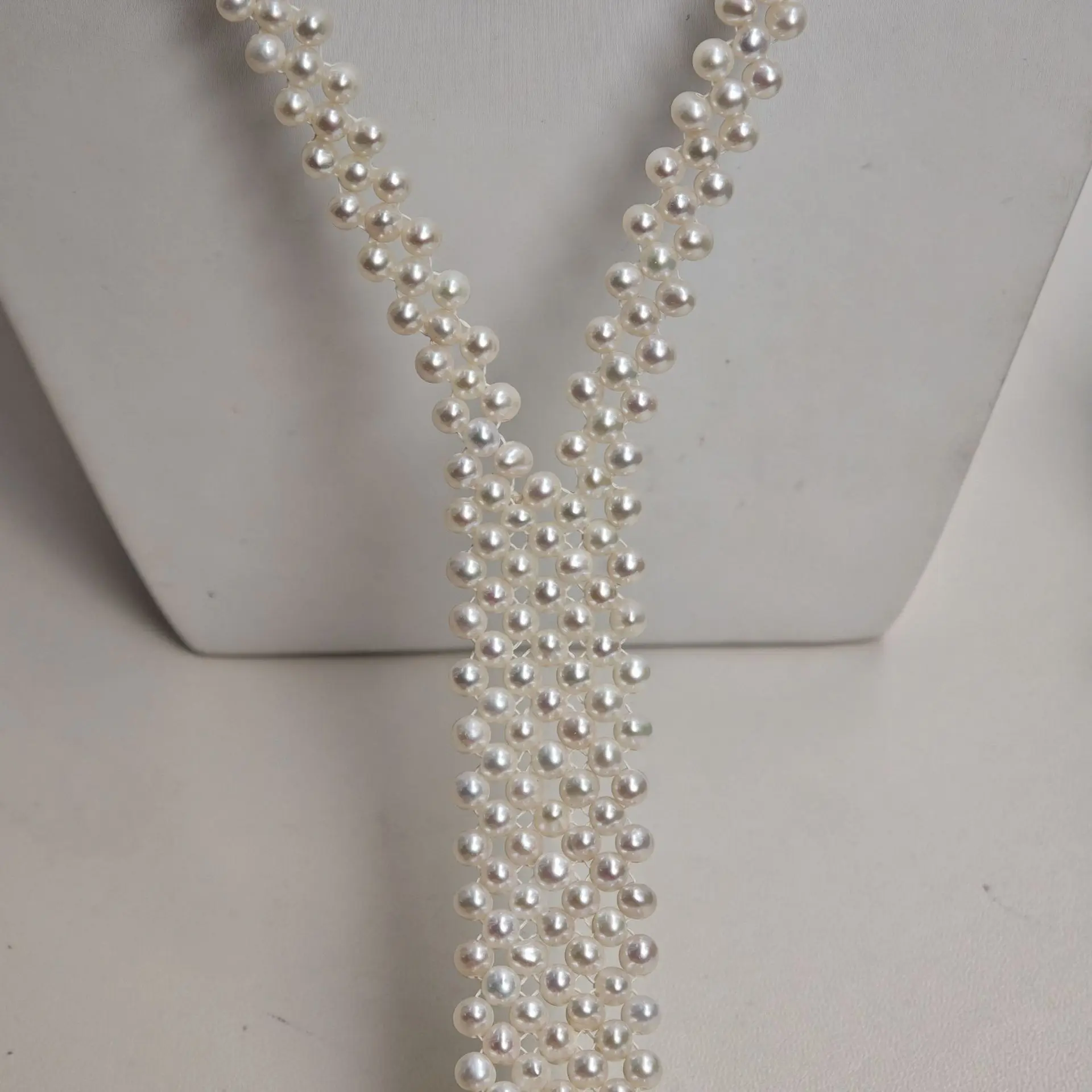 3-4mm Natural Freshwater Pearl Hand Woven Necklace, Heavy Craft Bowknot Tassel Design, Multi-Strand White Pearl Elegant Jewelry