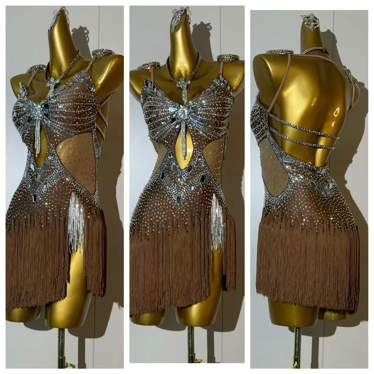 Lateinamerikanischer Tanz, hochwertiges, individuell gestaltetes, ausgeschnittenes Trägerkleid für Erwachsene und Kinder, Fransenrock, schwarzes Poolkleid, AB-Stein-Übungs- und Wettkampfkleid.
