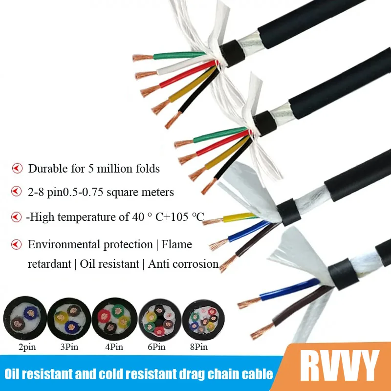 1M High Flexibility Cable RVVY 2 3 4 5 6 7 8 Pin 0.5/0.75/1.5/2.5 Square Line Oil and Frost Resistant Drag Chain Power Cord Wire