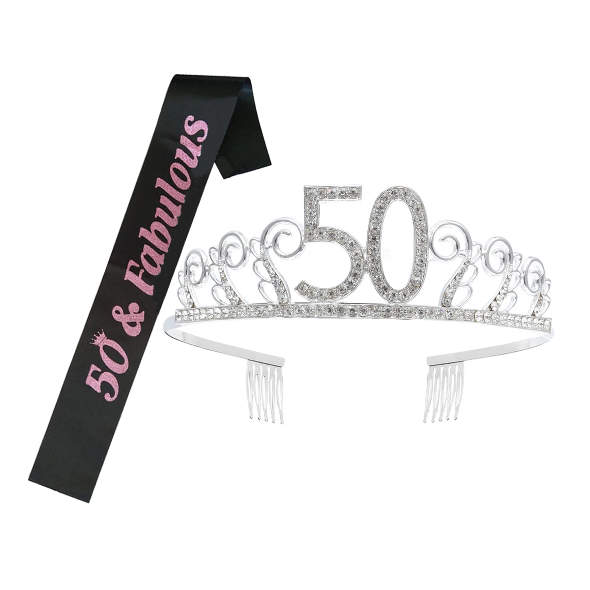 

1 Set 50 Rhinestone Crown Hair Comb Letter Print Sash Birthday Party Accessory Tiara Headband Decoration Lightweight Durable