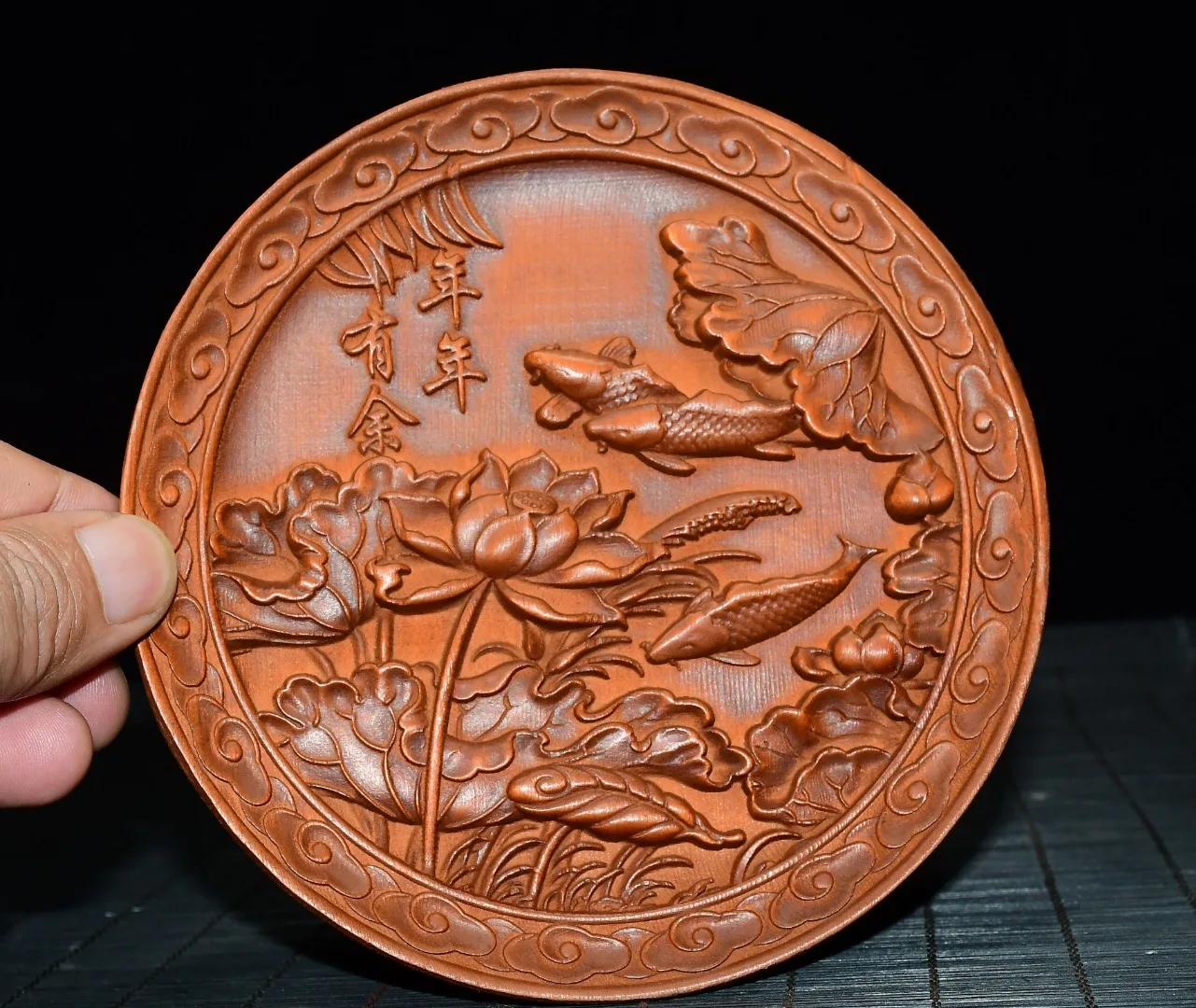 Old Boxwood High relief sculpture Carp and Lotus Pattern May there be surpluses every year Reward Plate screen Wenfang Ornaments