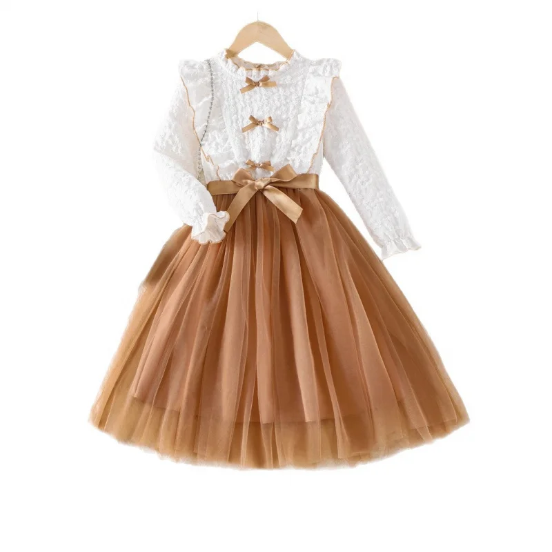 New Spring and Autumn Long Sleeve Pullover Mesh Dress with Matching Belt for Big Kids, Birthday Dress, Princess Dress