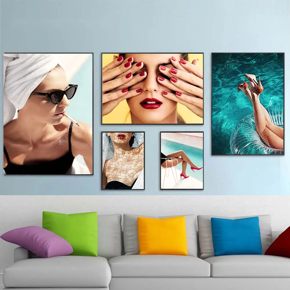 Fashion Poster Sexy Women Pool Canvas Painting Red High Heels Wall Art Print Nordic Picture For Living Room On The Wall Home Dec