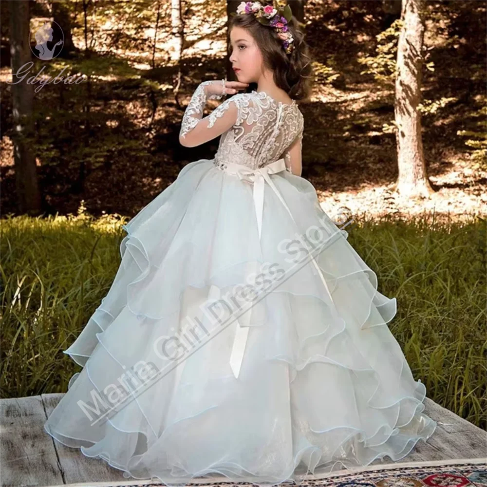 

Пышные платья с цветочным узором для девочек на заказ, белый тюль, многоуровневые вечерние платья с рюшами и поясом-бантом, длинный рукав