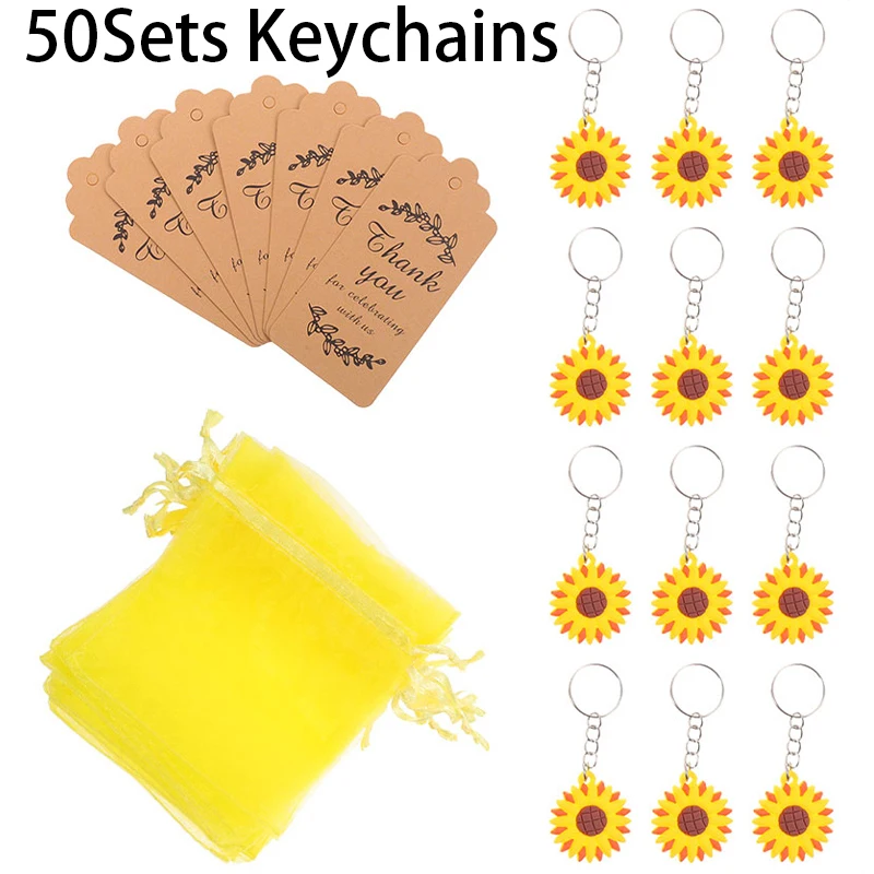 

50Sets Sunflower Birthday Party Favors Keychains Organza Bags Thank You Kraft Tags for Kids Party Supplies Wedding Gifts